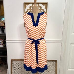 Mud Pie Orange and White Chevron Dress with Blue Collar